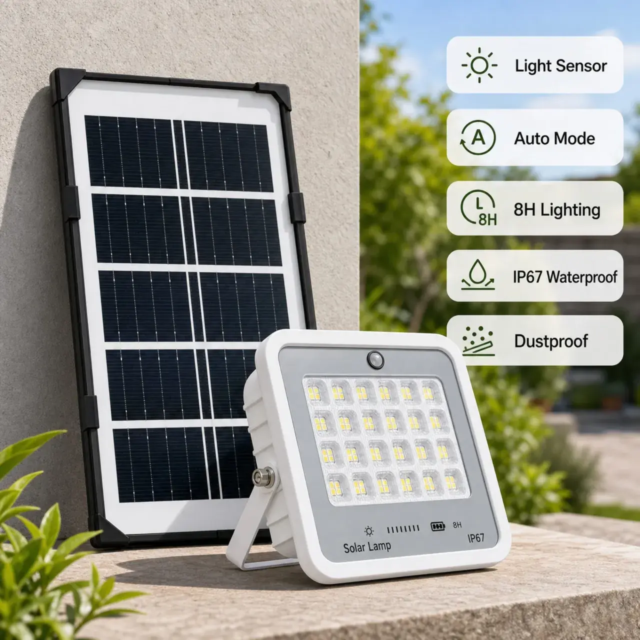 Proiector LED cu Panou Solar, Senzor de lumina, Waterproof, 96 LED-uri incorporate, 30W, 17x13 cm, IP67, Design Modern,Alb (3)