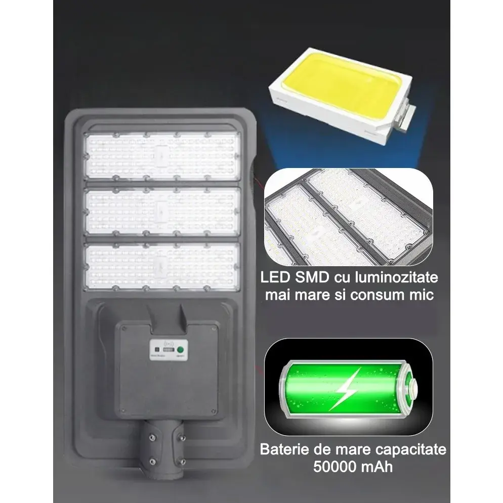 Lampa solara stradala, IP65, senzor de lumina, 510 LED-uri SMD, 5000 lm, panou 53W, putere 500W, autonomie 12-16 ore, telecomanda, montare prin fixare, pentru strada sau gradina, finisaj mat, material ABS, 91.6 x 36.5 x 8.7 cm, gri (2)