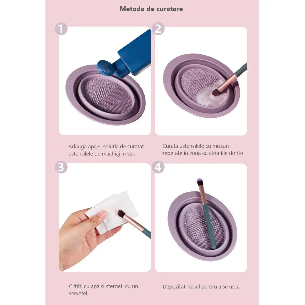 Accesoriu din silicon pentru curatarea accesoriilor makeup, pensule, buretei, 14.5 x 11,5 cm, 2 moduri de utilizare, pliabil, mov (5)