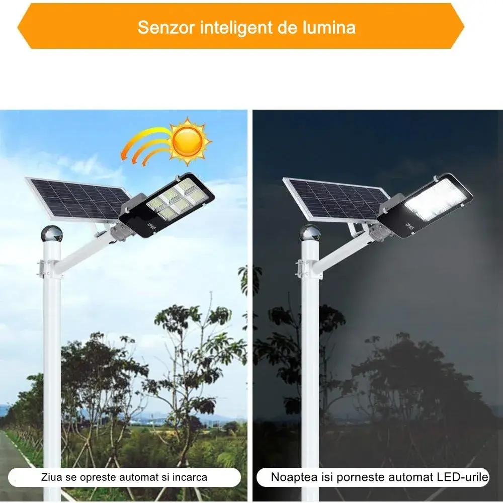 Lampa solara stradala, IP65, senzor de lumina, 100 LED-uri SMD, 7200 lm, panou 12W, putere 80W, autonomie 12-16 ore, telecomanda, montare prin fixare, pentru strada sau gradina, finisaj lucios, material ABS, 38.6 x 13.3 x 6.5 cm, lumina alb rece (3)