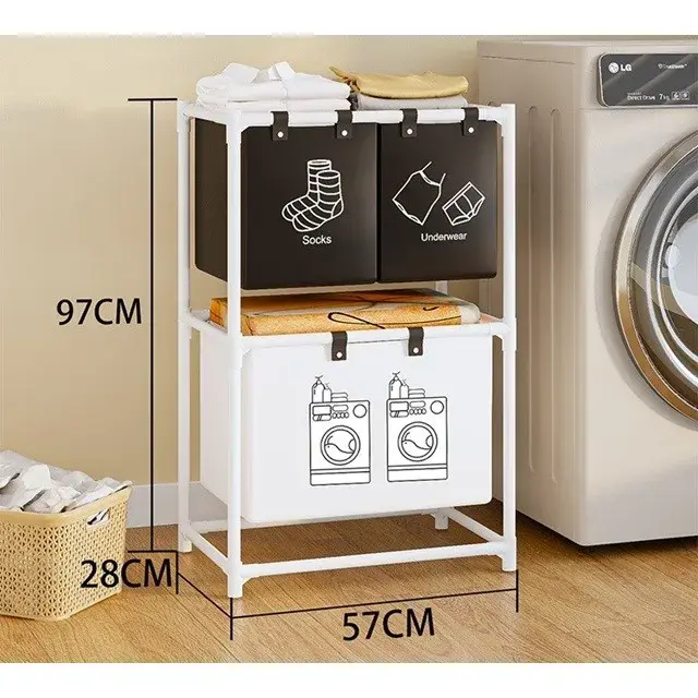 Cos de Rufe, cu 2 Etaje, 3 Cosuri, Cadru de Otel Inoxidabil, 97x28x57 cm, Alb (3)