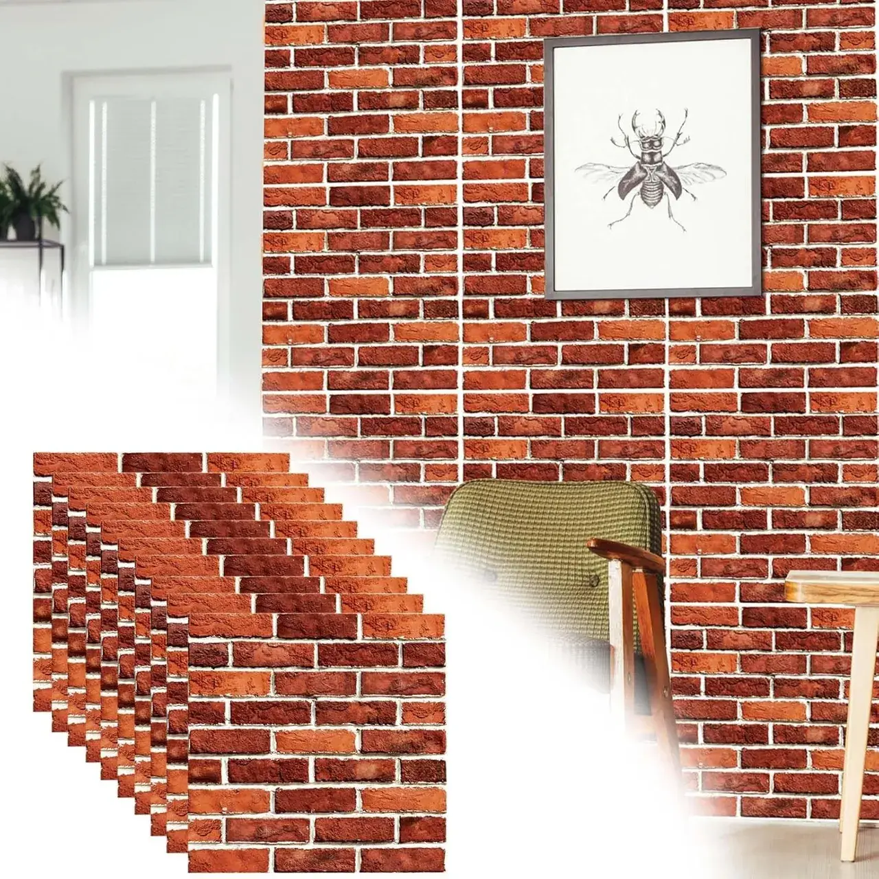 10 x Placi Tapet Autocolant 3D cu Imitatie de Caramida, pentru Perete Bucatarie Sufragerie, Usor de Curatat, Rezistent la Apa, Autoadeziv, 30x30 cm, Rosu (8)
