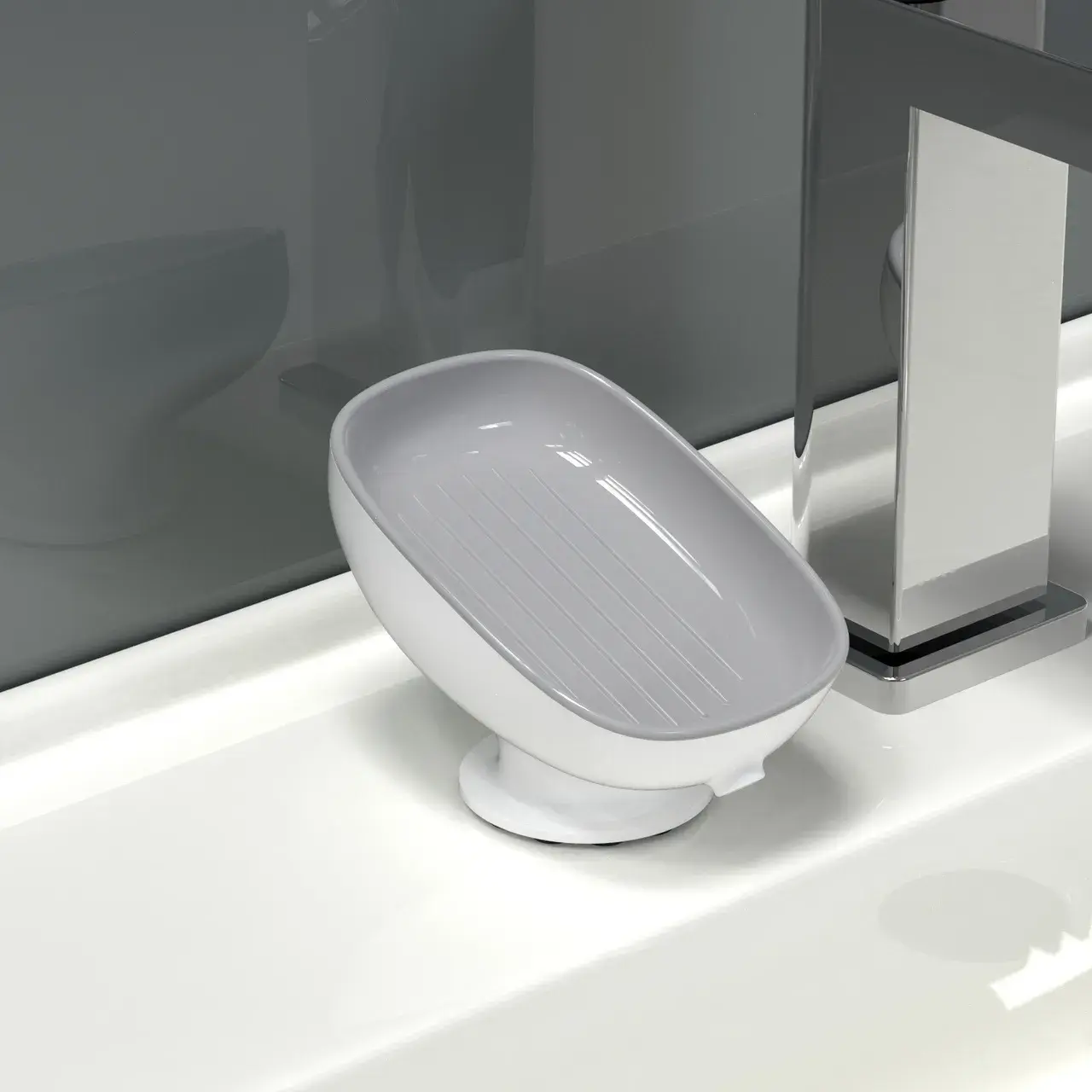 Savoniera din Plastic, cu Ventuza, Design Modern, Gri (5)