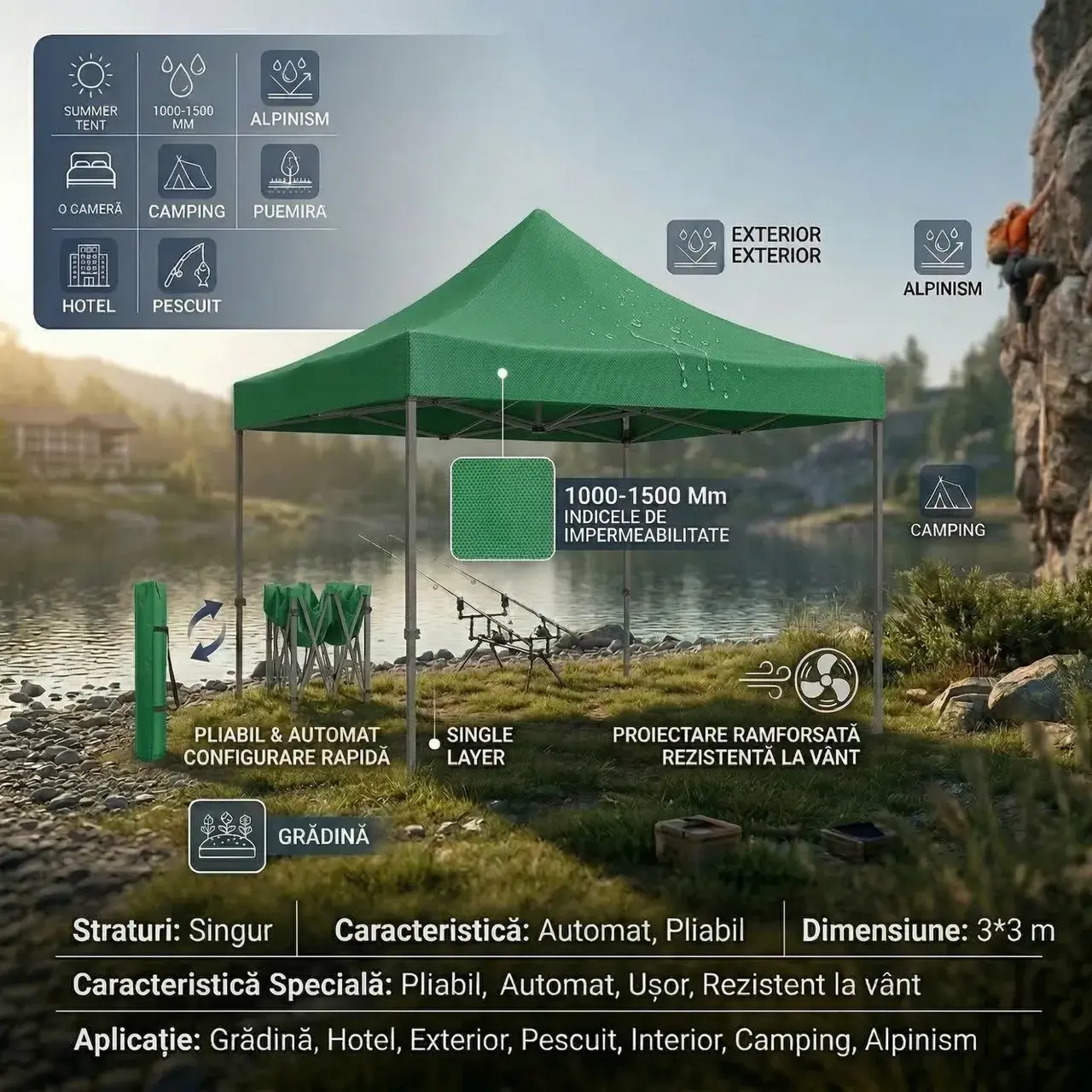 Cort Pavilion 3x3m, Cadru Metal Pliabil Ranforsat, Acoperis 420D 280gram/mg PVC Polyester Oxford pentru Curte, Gradina, Evenimente, Verde (2)