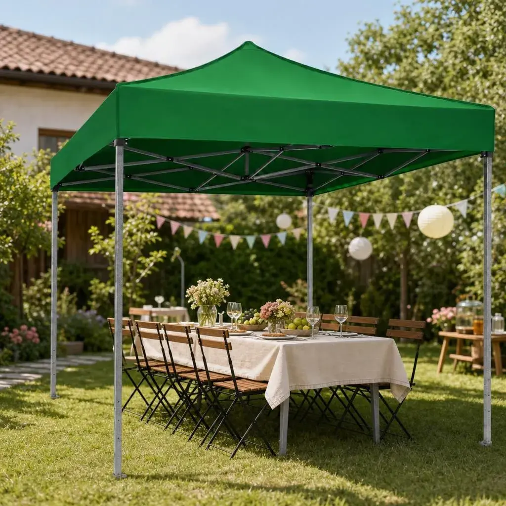Cort Pavilion 3x3m, Cadru Metal Pliabil Ranforsat, Acoperis 420D 280gram/mg PVC Polyester Oxford pentru Curte, Gradina, Evenimente, Verde (5)
