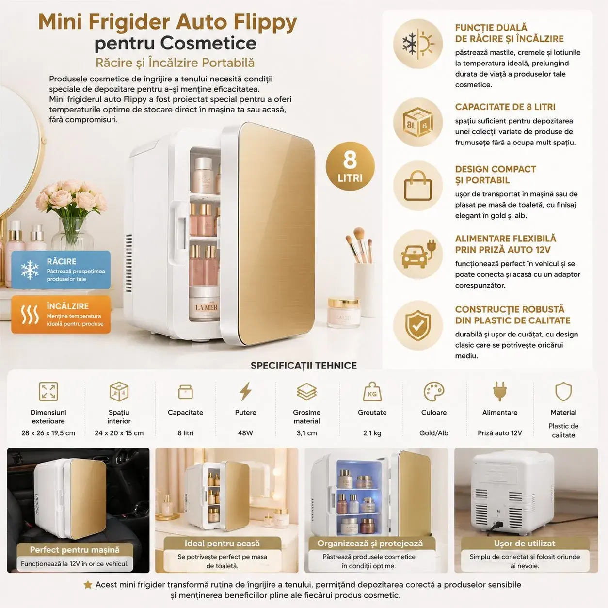 Mini Frigider pentru Auto / Cosmetice, Dubla Functie de Incalzire Racire, Portabil, Exterior 28 x 26 x 19 cm / Interior 24 x 20 x 15 cm, Volum 8 L, Gold/Alb (2)