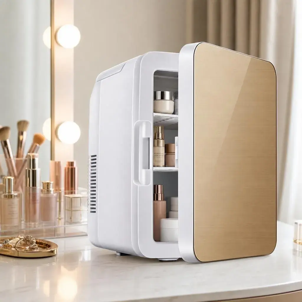 Mini Frigider pentru Auto / Cosmetice, Dubla Functie de Incalzire Racire, Portabil, Exterior 28 x 26 x 19 cm / Interior 24 x 20 x 15 cm, Volum 8 L, Gold/Alb (4)