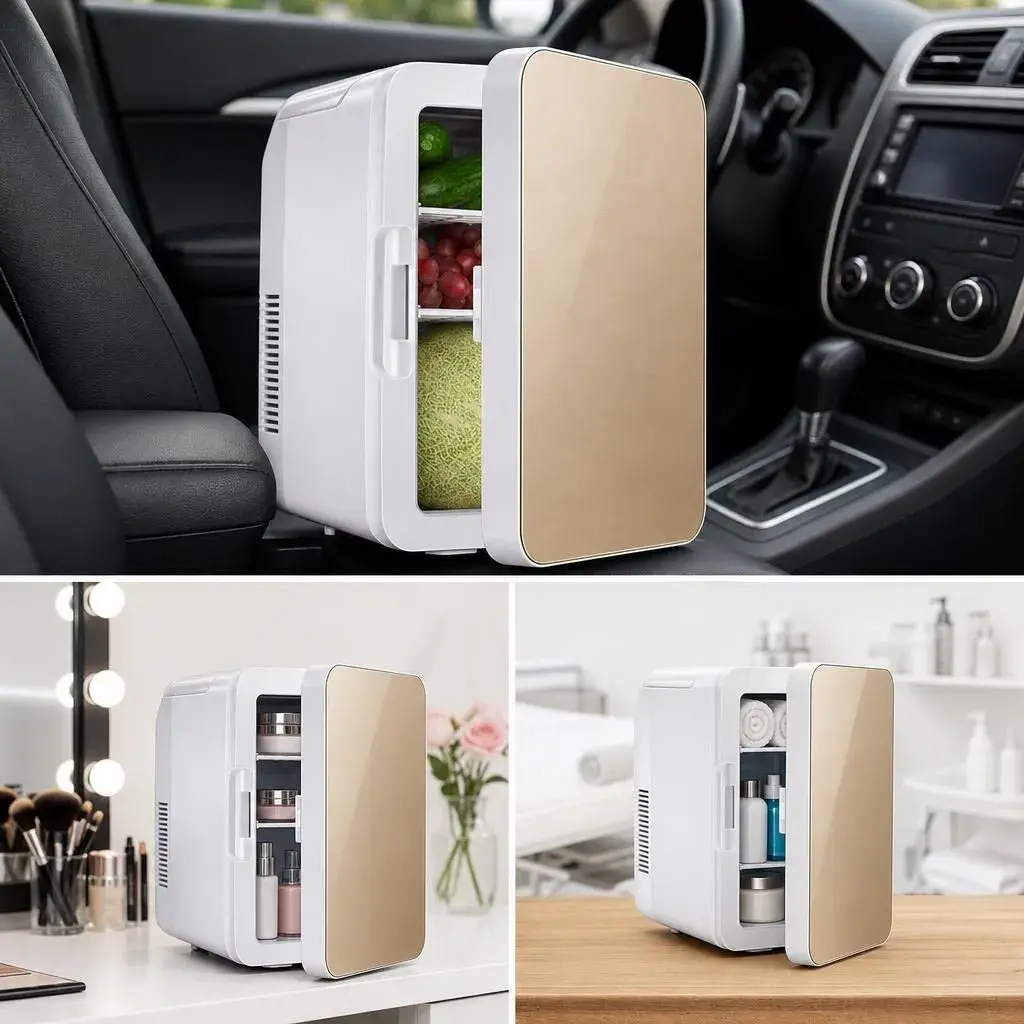 Mini Frigider pentru Auto / Cosmetice, Dubla Functie de Incalzire Racire, Portabil, Exterior 28 x 26 x 19 cm / Interior 24 x 20 x 15 cm, Volum 8 L, Gold/Alb (5)
