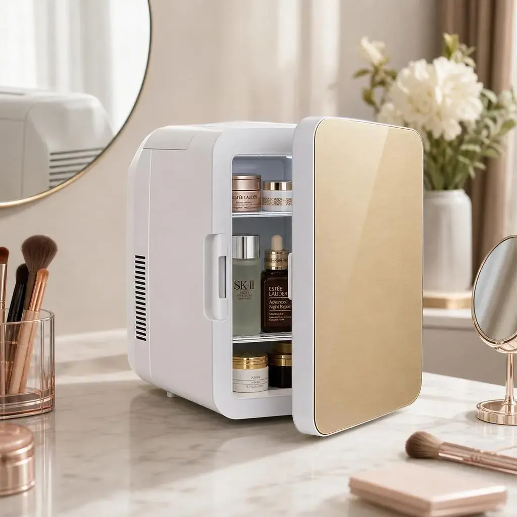 Mini Frigider pentru Auto / Cosmetice, Dubla Functie de Incalzire Racire, Portabil, Exterior 28 x 26 x 19 cm / Interior 24 x 20 x 15 cm, Volum 8 L, Gold/Alb (6)