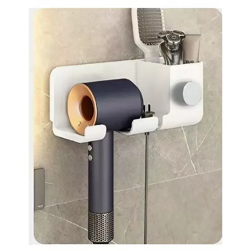 Suport de Baie, pentru Uscator de Par, cu Organizator Dublu, din Plastic, Aplicare cu Suport Adeziv, 23 x 8.8 x 9.5 cm, Alb (4)