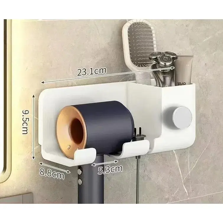 Suport de Baie, pentru Uscator de Par, cu Organizator Dublu, din Plastic, Aplicare cu Suport Adeziv, 23 x 8.8 x 9.5 cm, Alb (5)