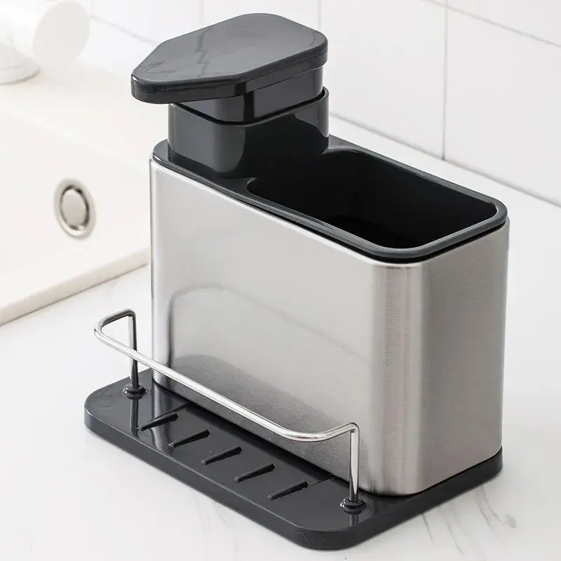 Dispenser Multifunctional, Dozator pentru Detergent, pentru Sapun Lichid, Dezinfectant, cu Suport pentru Ustensile, 18.5 x 18 x 12.8 cm Negru (2)