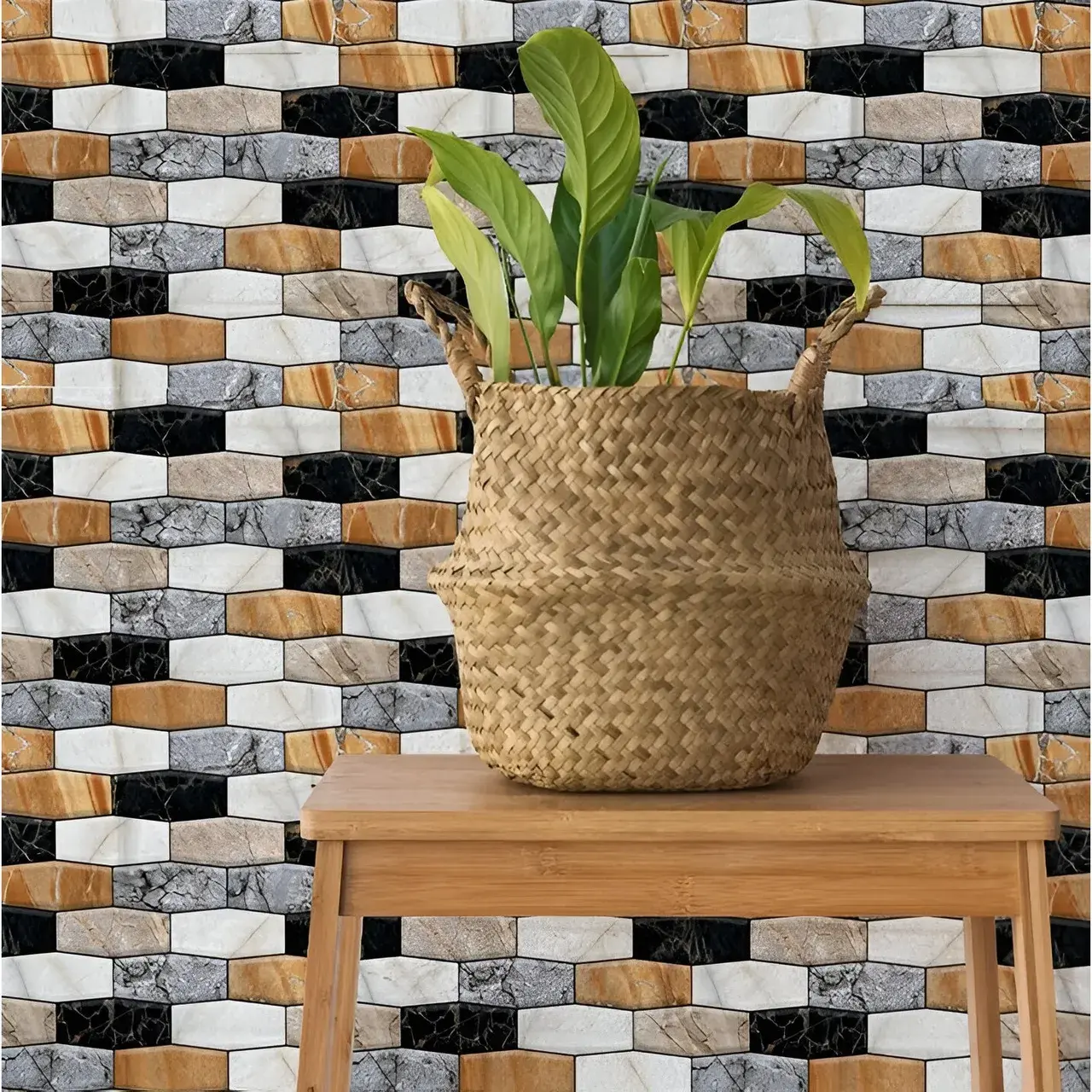 Set 10 x Placi Tapet Autocolant 3D cu Imitatie de Marmura Asimetrica, pentru Perete Bucatarie Sufragerie, Usor de Curatat, Rezistent la Apa, Autoadeziv, 30x30 cm, Maro Gri Negru (5)