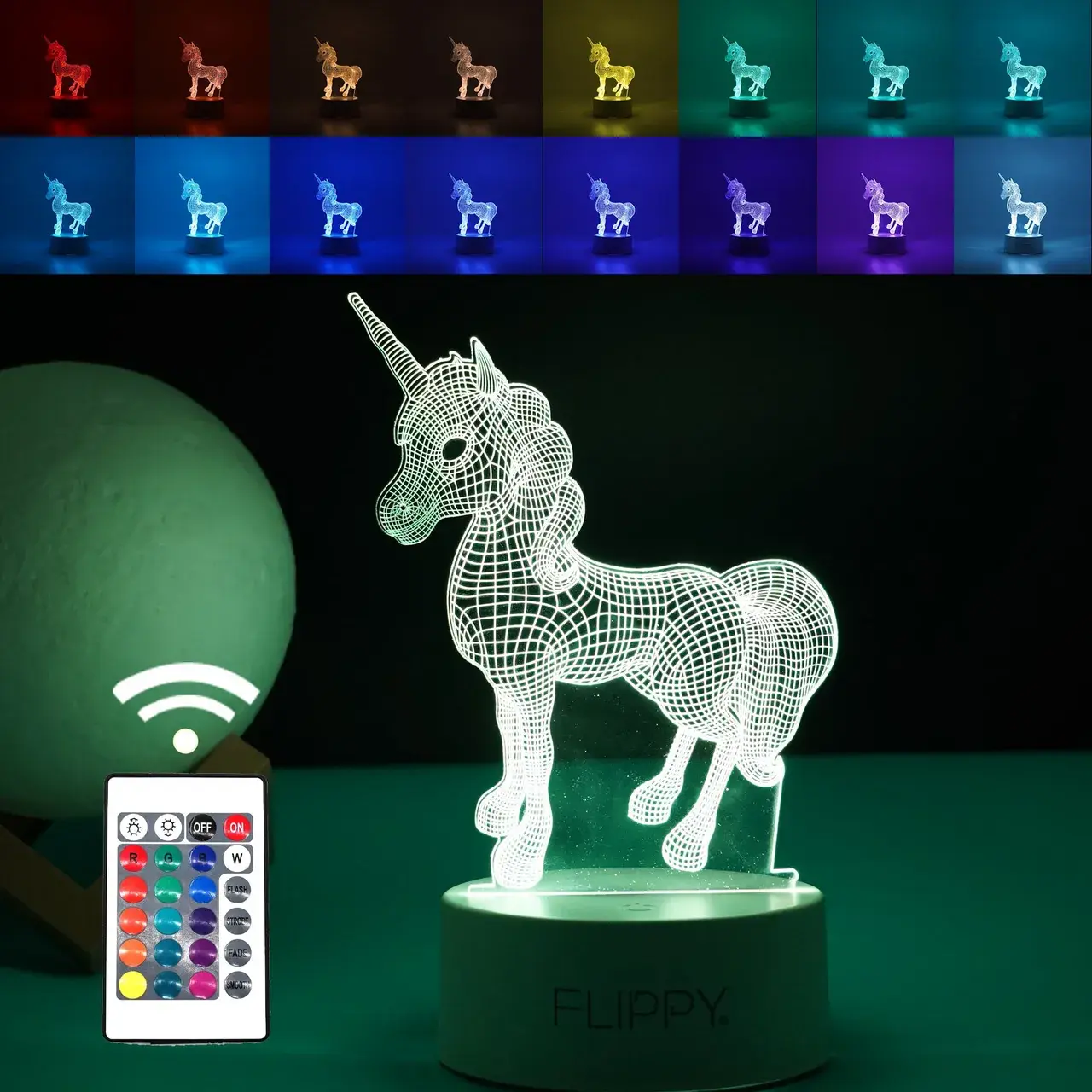 Lampa LED decorativa, 3D, Unicorn, cu USB si baterii, 20 cm inaltime, din material acril, lumina multicolora si telecomanda inclusa, alb
