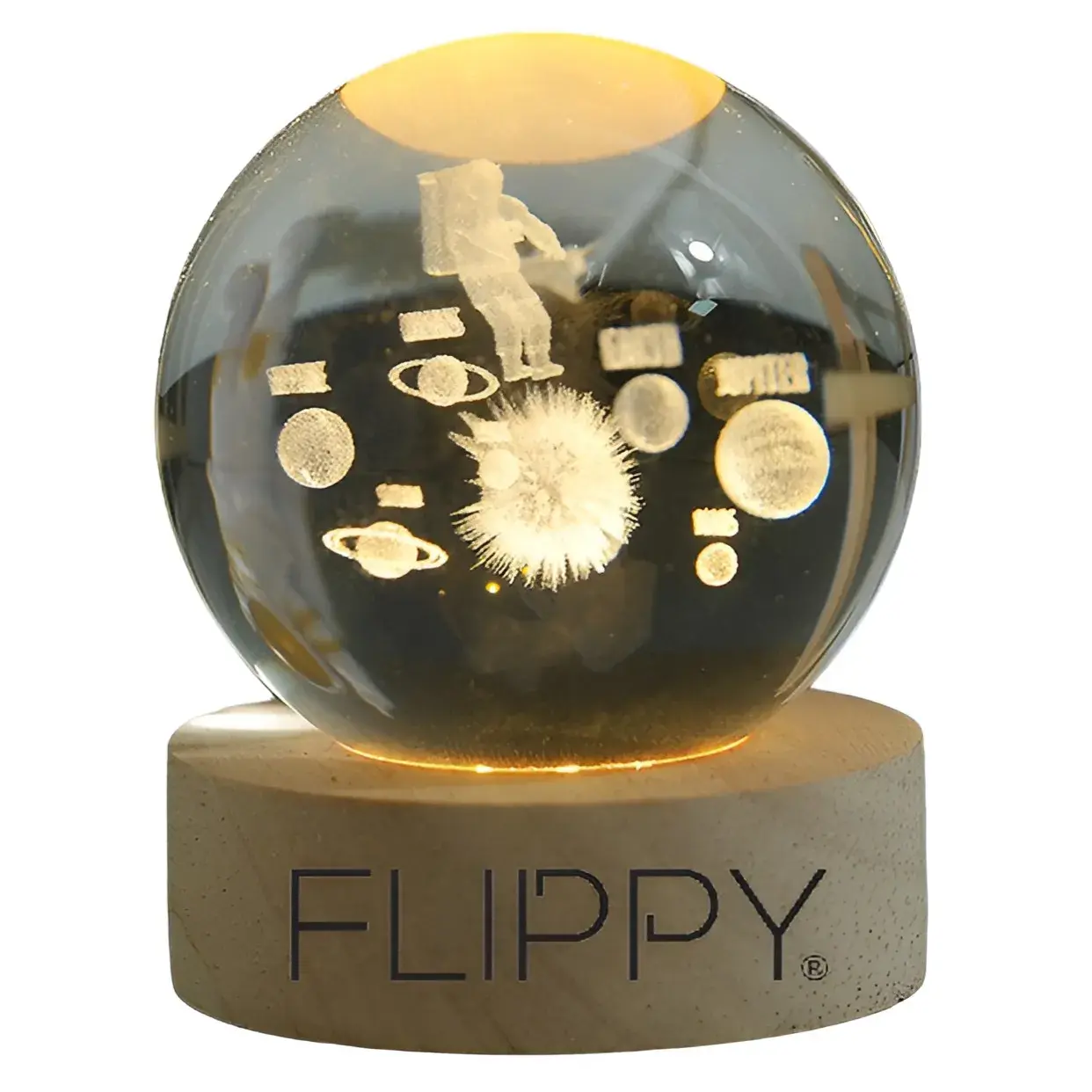Lampa LED Decorativa, cu Bila de Cristal cu Diametru 6cm, Model Astronaut in Galaxie 3D, Alimentare USB, Suport din Lemn, Lumina Alb Cald