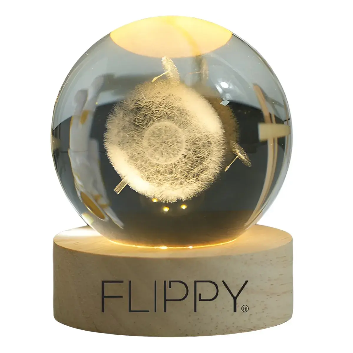 Lampa LED Decorativa, cu Bila de Cristal cu Diametru 6cm, Model Papadie 3D, Alimentare USB, Suport din Lemn, Lumina Alb Cald