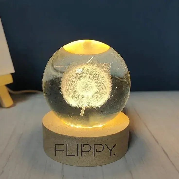 Lampa LED Decorativa, cu Bila de Cristal cu Diametru 6cm, Model Papadie 3D, Alimentare USB, Suport din Lemn, Lumina Alb Cald (2)