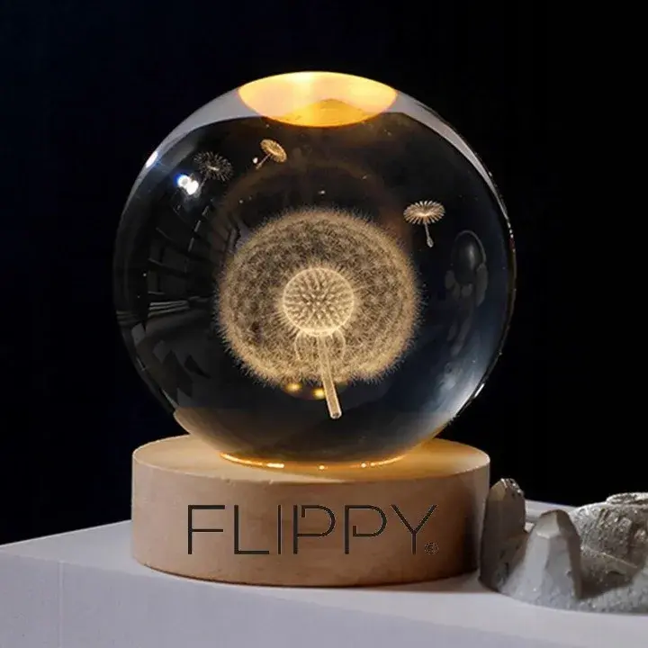 Lampa LED Decorativa, cu Bila de Cristal cu Diametru 6cm, Model Papadie 3D, Alimentare USB, Suport din Lemn, Lumina Alb Cald (3)