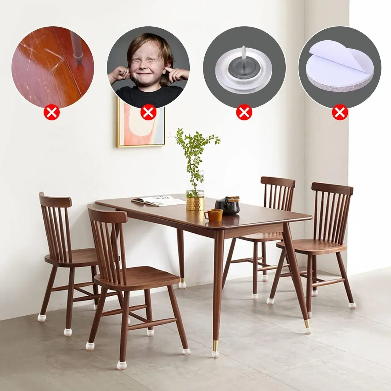 Set 16 Protectii pentru Picioare Scaun si Podea, Universale din Silicon, Model Patrat, Alb Transparent (6)