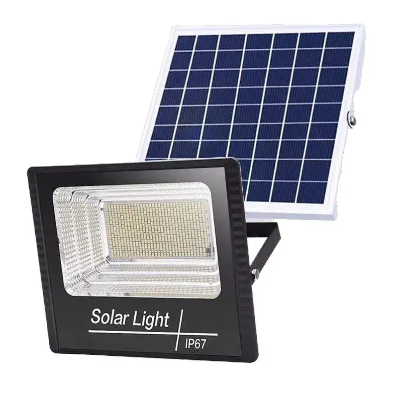 Proiector LED/Lampa solara de exterior, 20 cm x 25cm, Rezistent la Apa IP67, cu Panou Solar, 220 LED SMD, 65W, Senzor de lumina, Timer, cu Telecomanda, 2 moduri de iluminat, kit montaj inclus, Lumina Rece