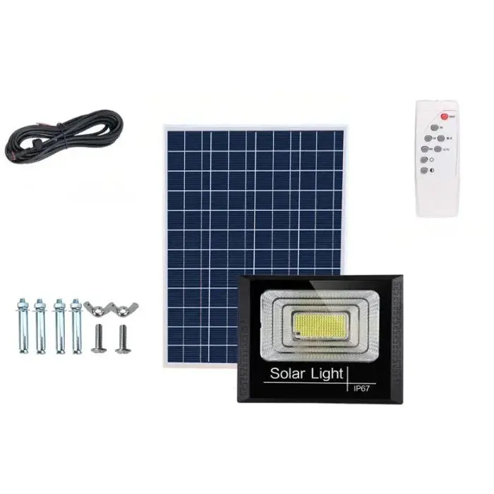 Proiector LED/Lampa solara de exterior, 20 cm x 25cm, Rezistent la Apa IP67, cu Panou Solar, 220 LED SMD, 65W, Senzor de lumina, Timer, cu Telecomanda, 2 moduri de iluminat, kit montaj inclus, Lumina Rece (2)