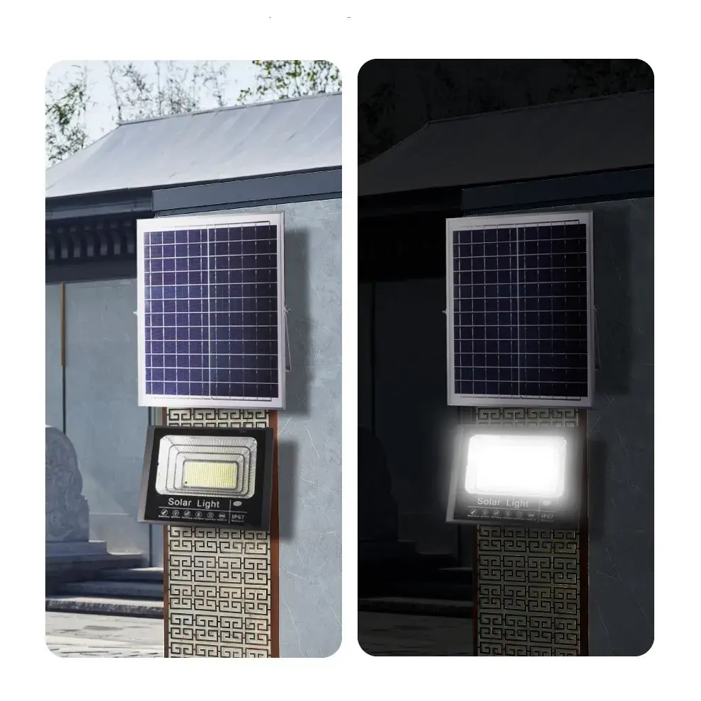 Proiector LED/Lampa solara de exterior, 20 cm x 25cm, Rezistent la Apa IP67, cu Panou Solar, 220 LED SMD, 65W, Senzor de lumina, Timer, cu Telecomanda, 2 moduri de iluminat, kit montaj inclus, Lumina Rece (6)