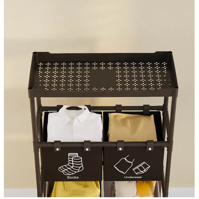 Cos de Rufe, 3 Rafturi, 4 Cosuri, Cadru de Otel Inoxidabil, 123x44x57 cm, Negru (5)