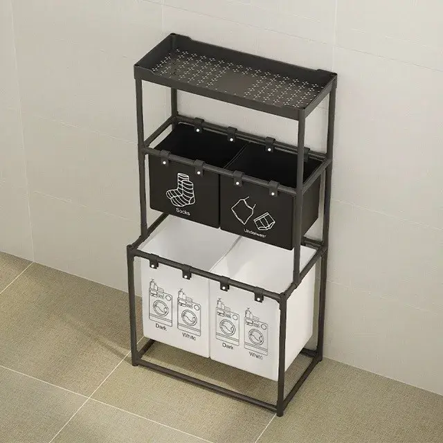 Cos de Rufe, 3 Rafturi, 4 Cosuri, Cadru de Otel Inoxidabil, 123x44x57 cm, Negru (6)