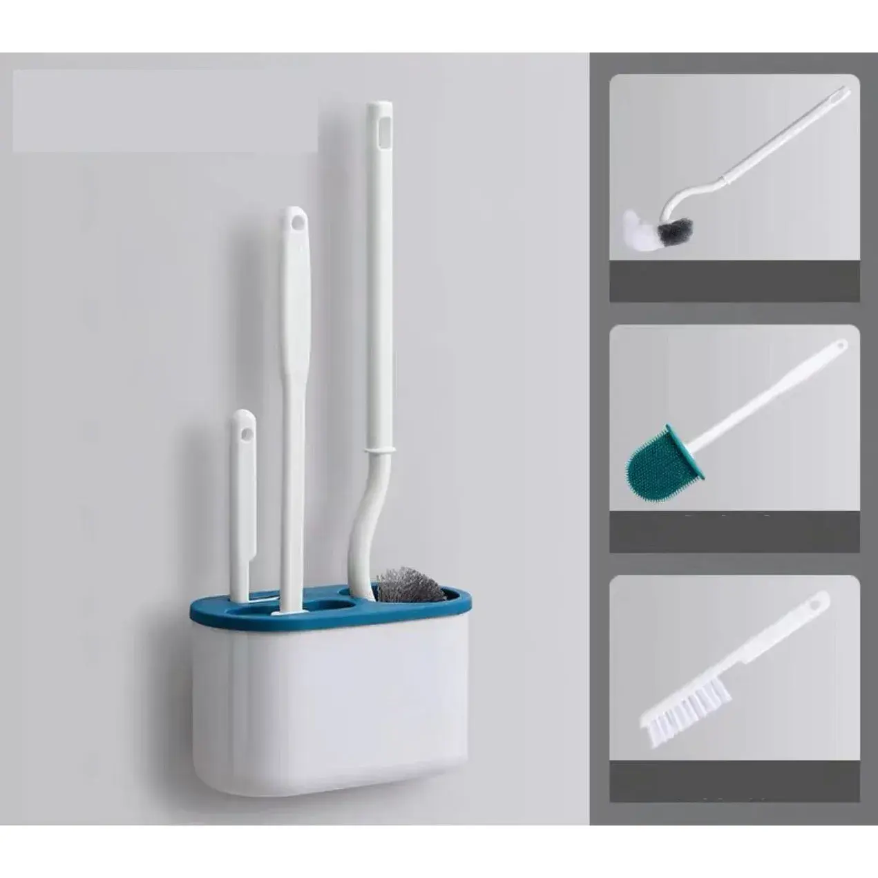 Set 3 Perii pentru Toaleta, din Silicon, Perie Zimtata, Cap Flexibil, Suport Adeziv pentru Montarea pe Perete, 39 x 19 x 9.8 cm, Albastru/Alb (2)