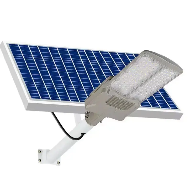 Lampa solara stradala, pentru curte sau strada, cu doua grile, finisaj mat, rezistent la apa, montare prin fixare, senzor lumina, baterie de litiu, IP65, lumina rece, putere