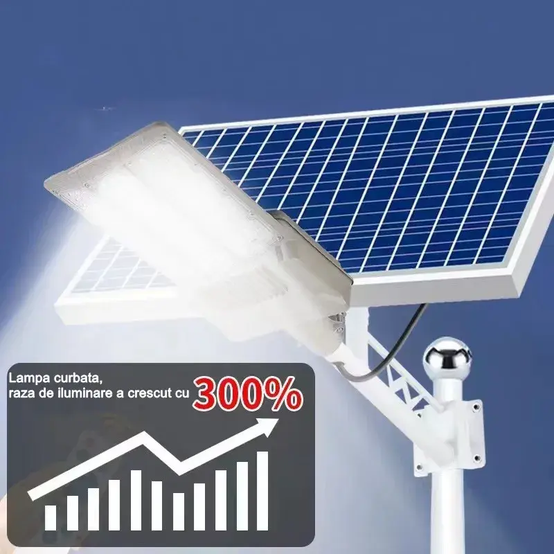 Lampa solara stradala, pentru curte sau strada, cu doua grile, finisaj mat, rezistent la apa, montare prin fixare, senzor lumina, baterie de litiu, IP65, lumina rece, putere (5)