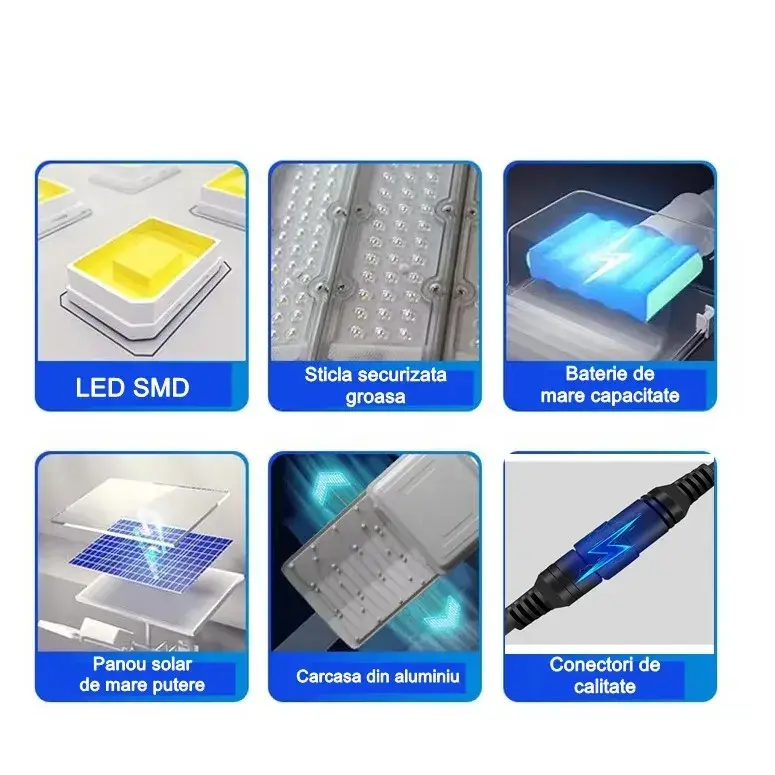 Lampa solara stradala, pentru curte sau strada, cu doua grile, finisaj mat, rezistent la apa, montare prin fixare, senzor lumina, baterie de litiu, IP65, lumina rece, putere (6)