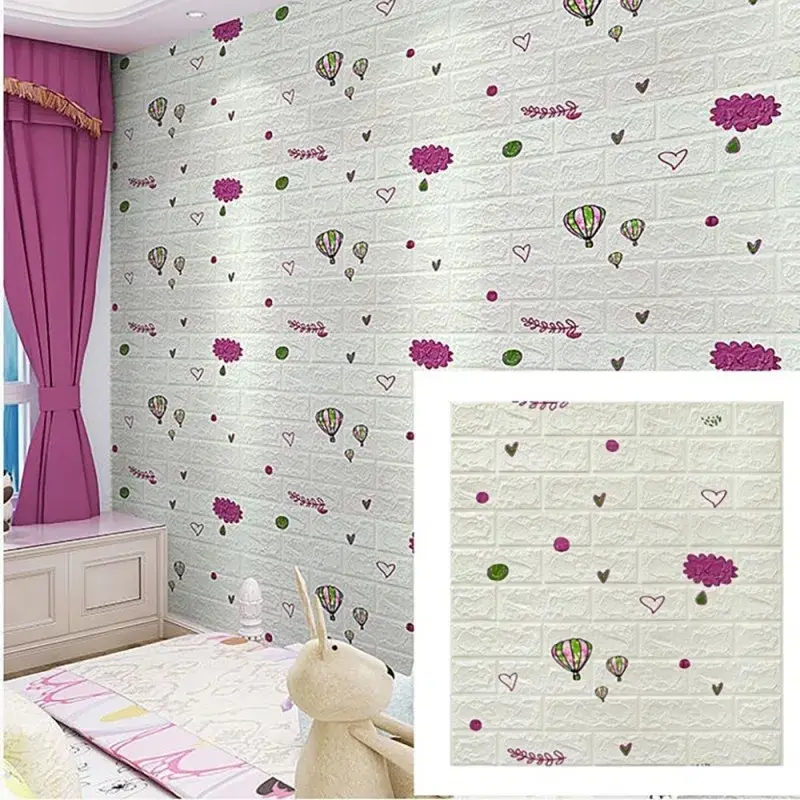 Set 10 Placi Tapet 3D, 70 x 77 cm, Grosime 3 mm, din Polietilena, Tip Caramida, Model cu Baloane, Suprafata acoperita 5.3 mp, Alb (4)