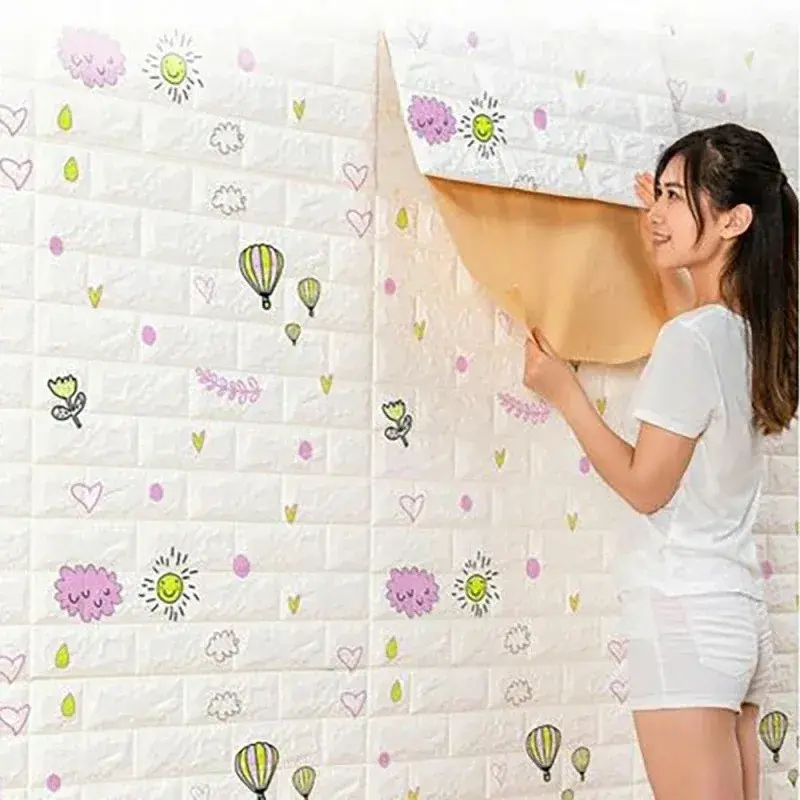 Set 10 Placi Tapet 3D, 70 x 77 cm, Grosime 3 mm, din Polietilena, Tip Caramida, Model cu Baloane, Suprafata acoperita 5.3 mp, Alb (5)