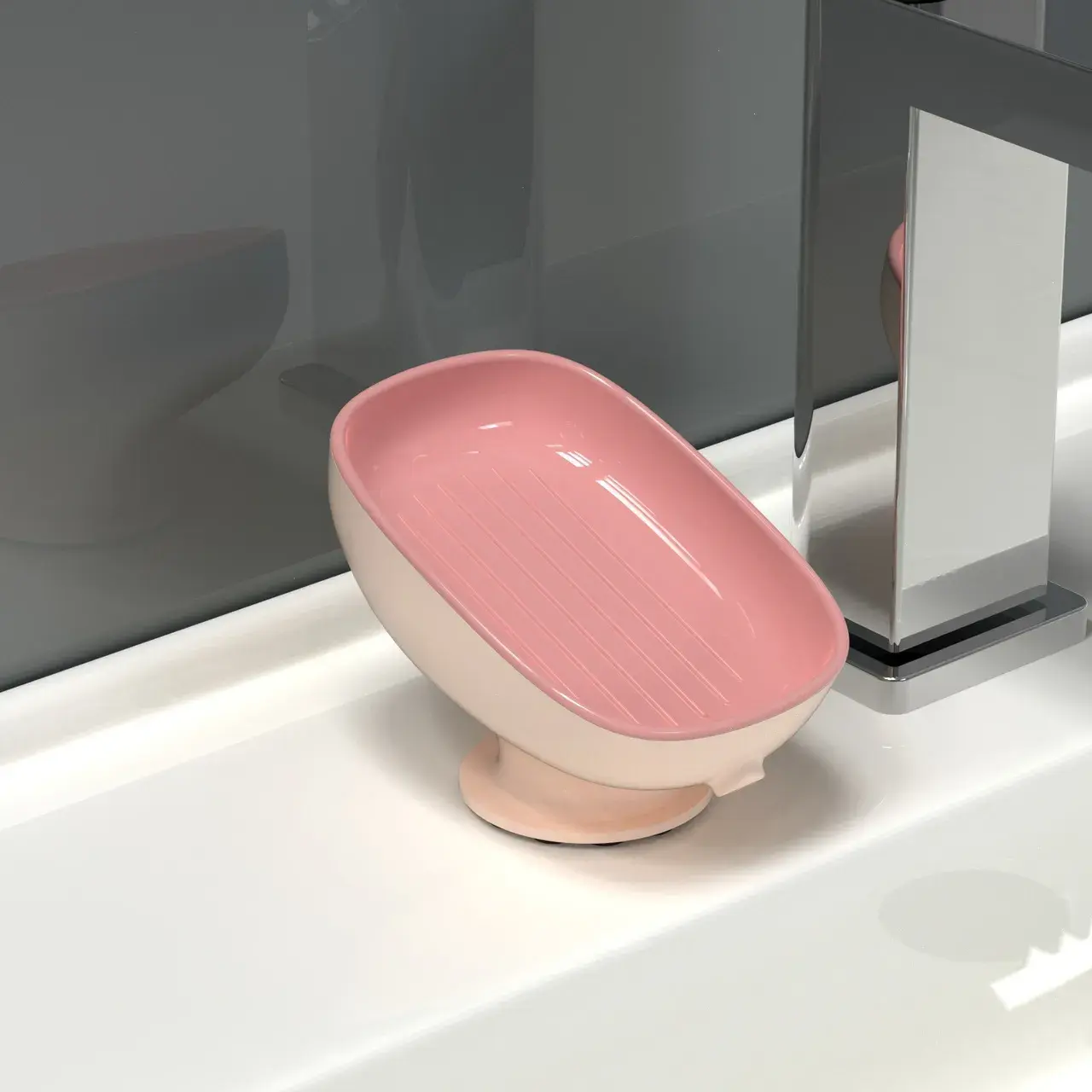Savoniera din Plastic, cu Ventuza, Design Modern, Roz (2)