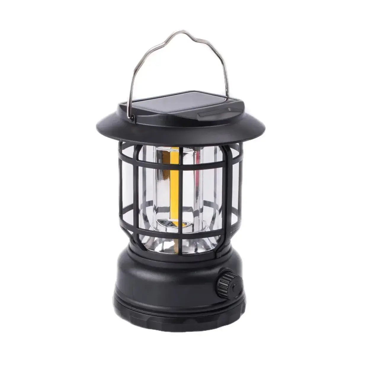 Lampa portabila camping, Felinar Vintage, ABS, Iluminare 30 COB LED, Intensitate reglabila, Acumulator inclus, Incarcare Solara si USB, 5W, Negru (2)