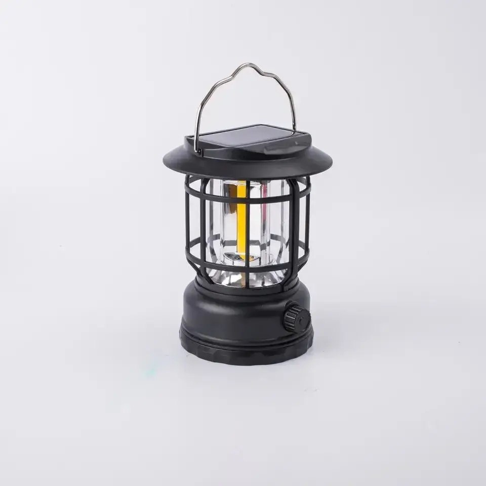 Lampa portabila camping, Felinar Vintage, ABS, Iluminare 30 COB LED, Intensitate reglabila, Acumulator inclus, Incarcare Solara si USB, 5W, Negru (3)
