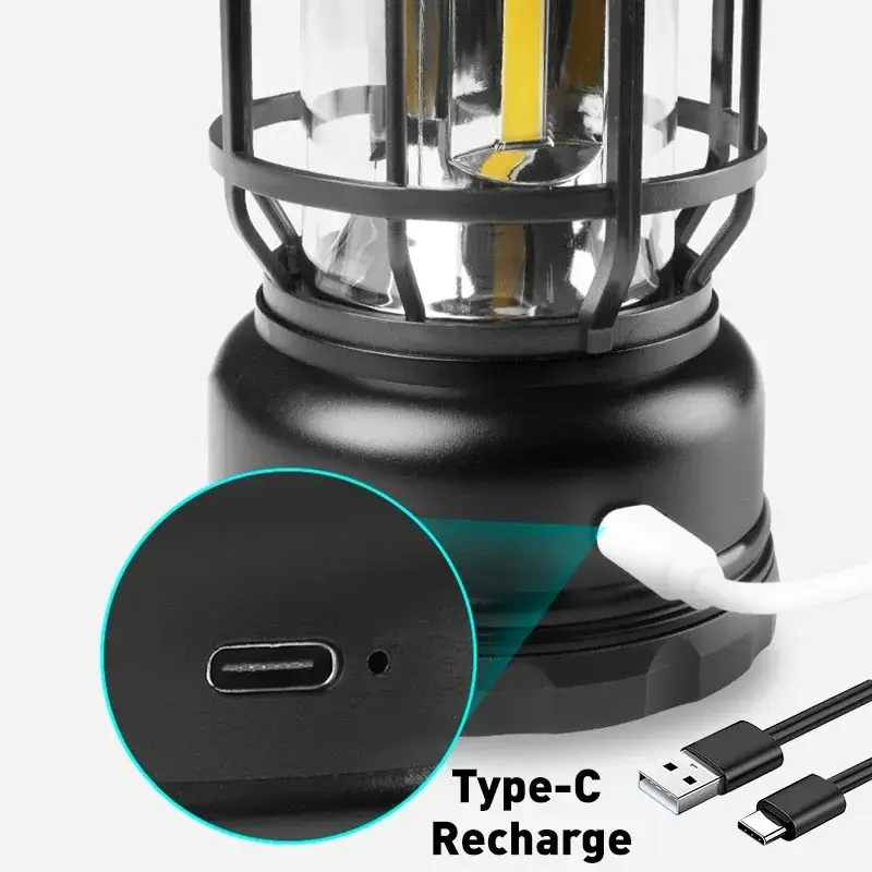 Lampa portabila camping, Felinar Vintage, ABS, Iluminare 30 COB LED, Intensitate reglabila, Acumulator inclus, Incarcare Solara si USB, 5W, Negru (4)