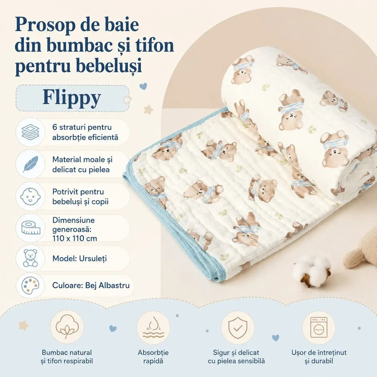 Prosop de baie din bumbac si tifon pentru Bebelusi, cu Sase Straturi, pentru Copii, 110x110 cm, Model Ursuleti, Bej Albastru (2)