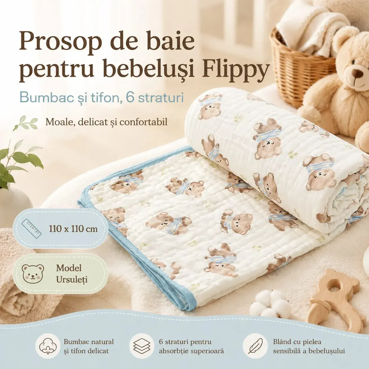 Prosop de baie din bumbac si tifon pentru Bebelusi, cu Sase Straturi, pentru Copii, 110x110 cm, Model Ursuleti, Bej Albastru (3)