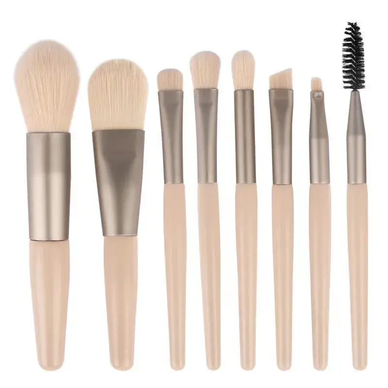 Mini Set Portabil cu 8 Pensule de Machiaj cu Husa cu Peri Moi și Densi, pentru Fond de Ten, Pudră, Blush, Fard și Sprâncene, Bej (2)