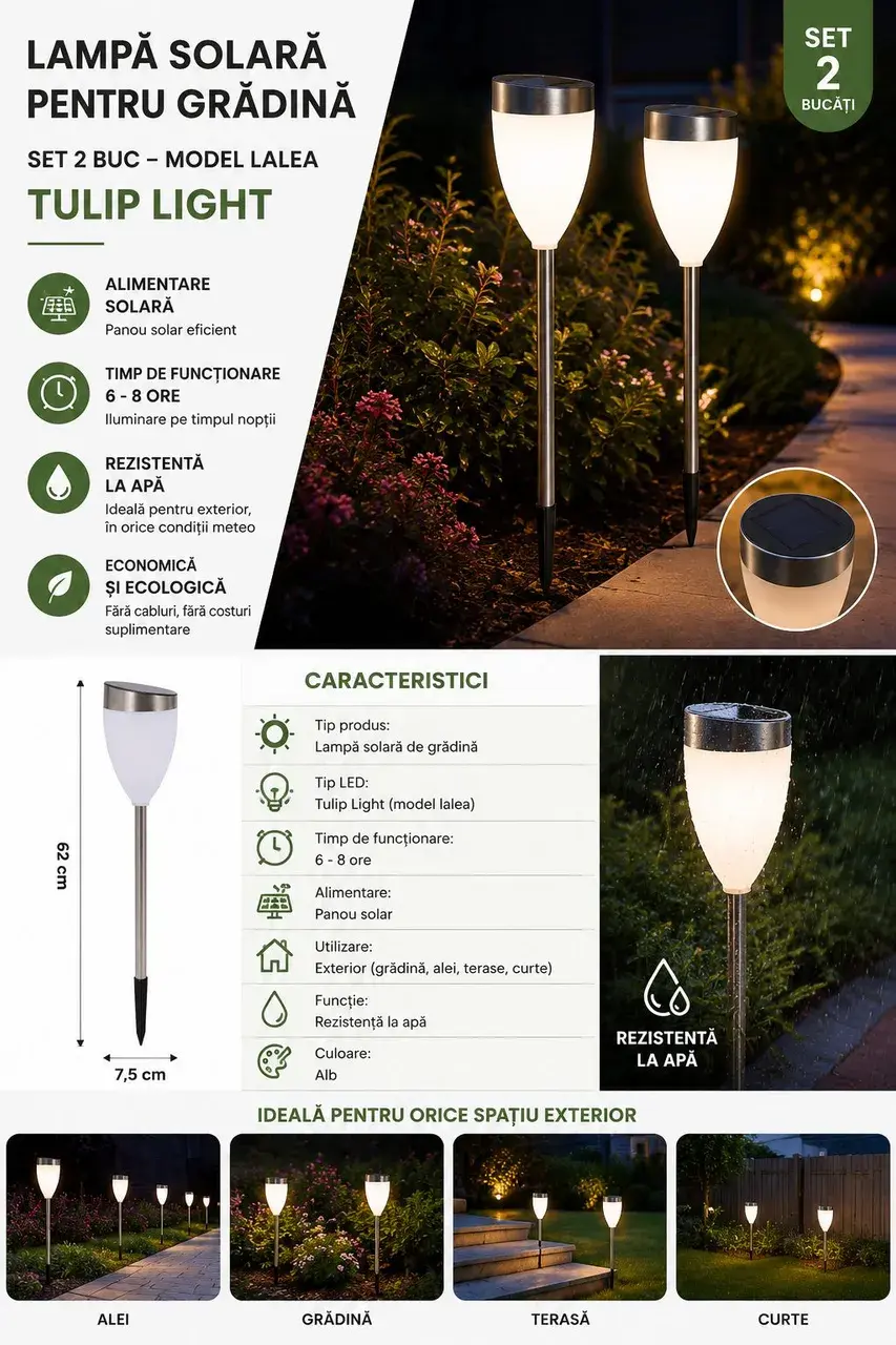Lampa Solara pentru Gradina, Set 2 buc, Tip LED, Model Lalea Tulip Light, Timp de Functionare 6-8 h, Inaltime 62 cm, Rezistenta la Apa, Alb (3)