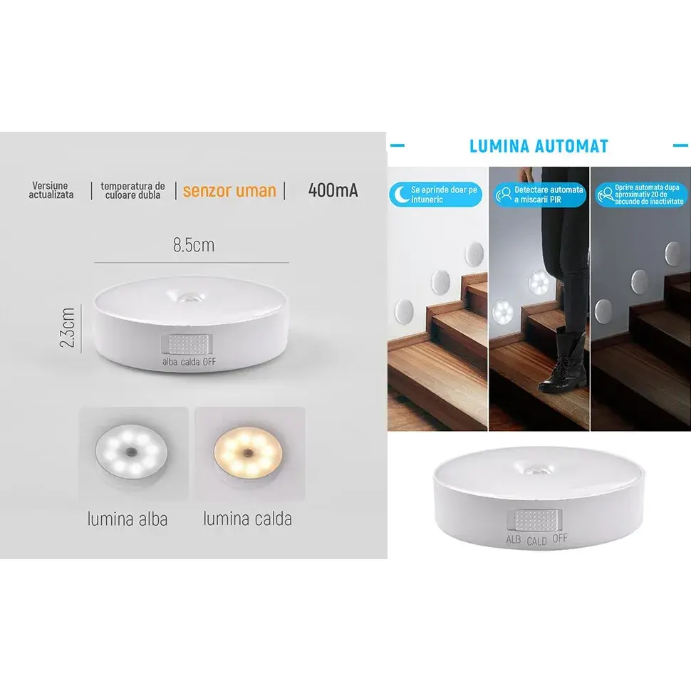 Lampa de Veghe LED, cu Senzor de Miscare, Incarcare USB, 0.6W, 300mAh, Design Rotund, Alb, 8.5x2.3 cm (5)