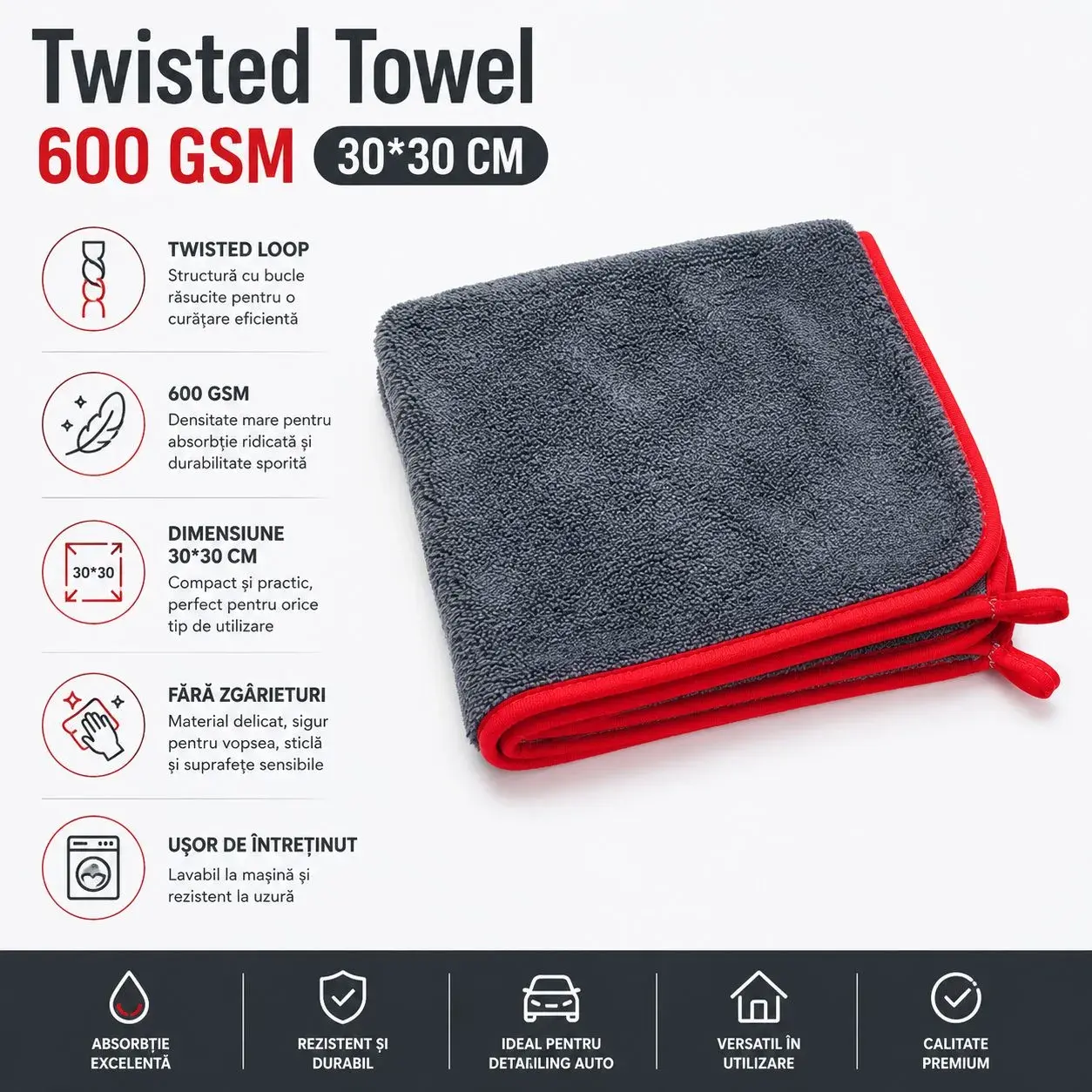 Prosop Auto din Microfibra, 600 GSM, Absorbant, pentru Uscare si Curatare Auto, 30x30 cm, Gri (3)