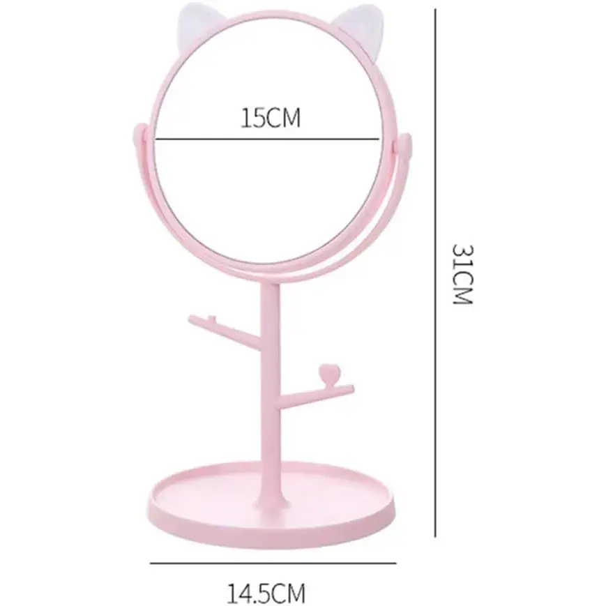 Oglina Cosmetica cu Picior, HD, Rotire 360 Grade, 15 cm Diametru, Suport Bijuterii Baza Rotunda + 2 Brate pentru Accesorii, Model cu Urechi Albe de Ursulet, 31 x 14.5 x 15 cm, din Plastic, Roz (2)