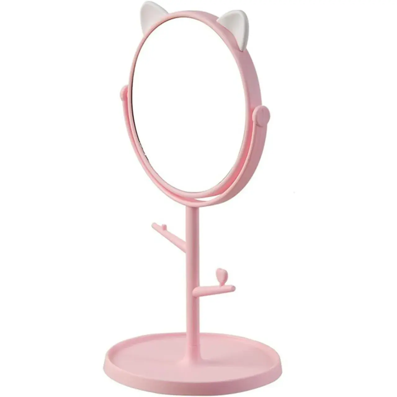 Oglina Cosmetica cu Picior, HD, Rotire 360 Grade, 15 cm Diametru, Suport Bijuterii Baza Rotunda + 2 Brate pentru Accesorii, Model cu Urechi Albe de Ursulet, 31 x 14.5 x 15 cm, din Plastic, Roz (3)