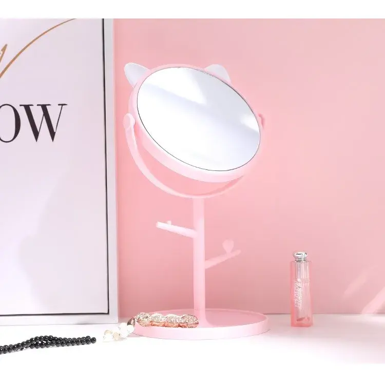 Oglina Cosmetica cu Picior, HD, Rotire 360 Grade, 15 cm Diametru, Suport Bijuterii Baza Rotunda + 2 Brate pentru Accesorii, Model cu Urechi Albe de Ursulet, 31 x 14.5 x 15 cm, din Plastic, Roz (5)