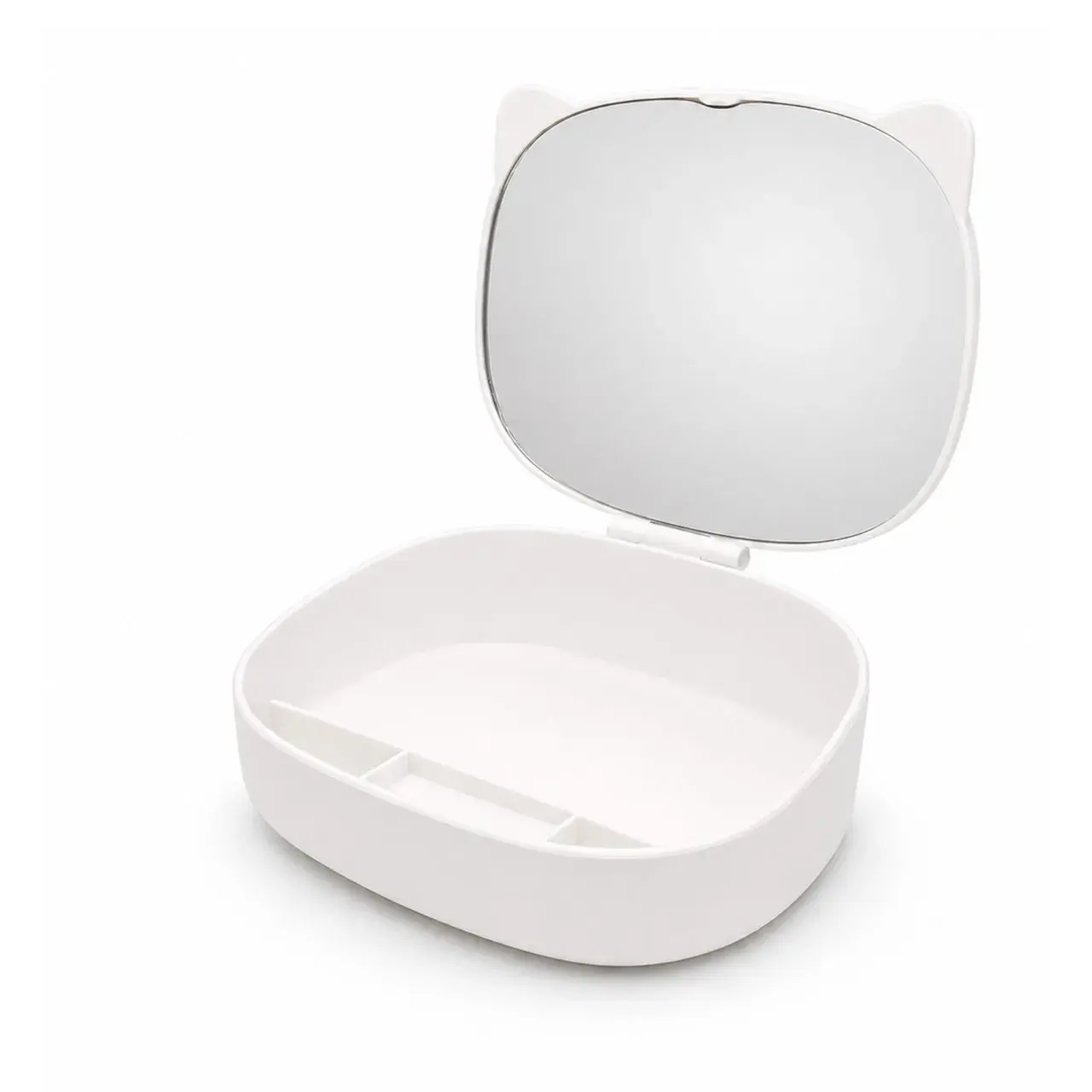 Cutie de Depozitare a Machiajelor si Accesoriilor cu Oglinda, Model Pisică, 4 Compartimente pentru Cosmetice și Accesorii, 17 x 13 x 6 cm, Alb (2)