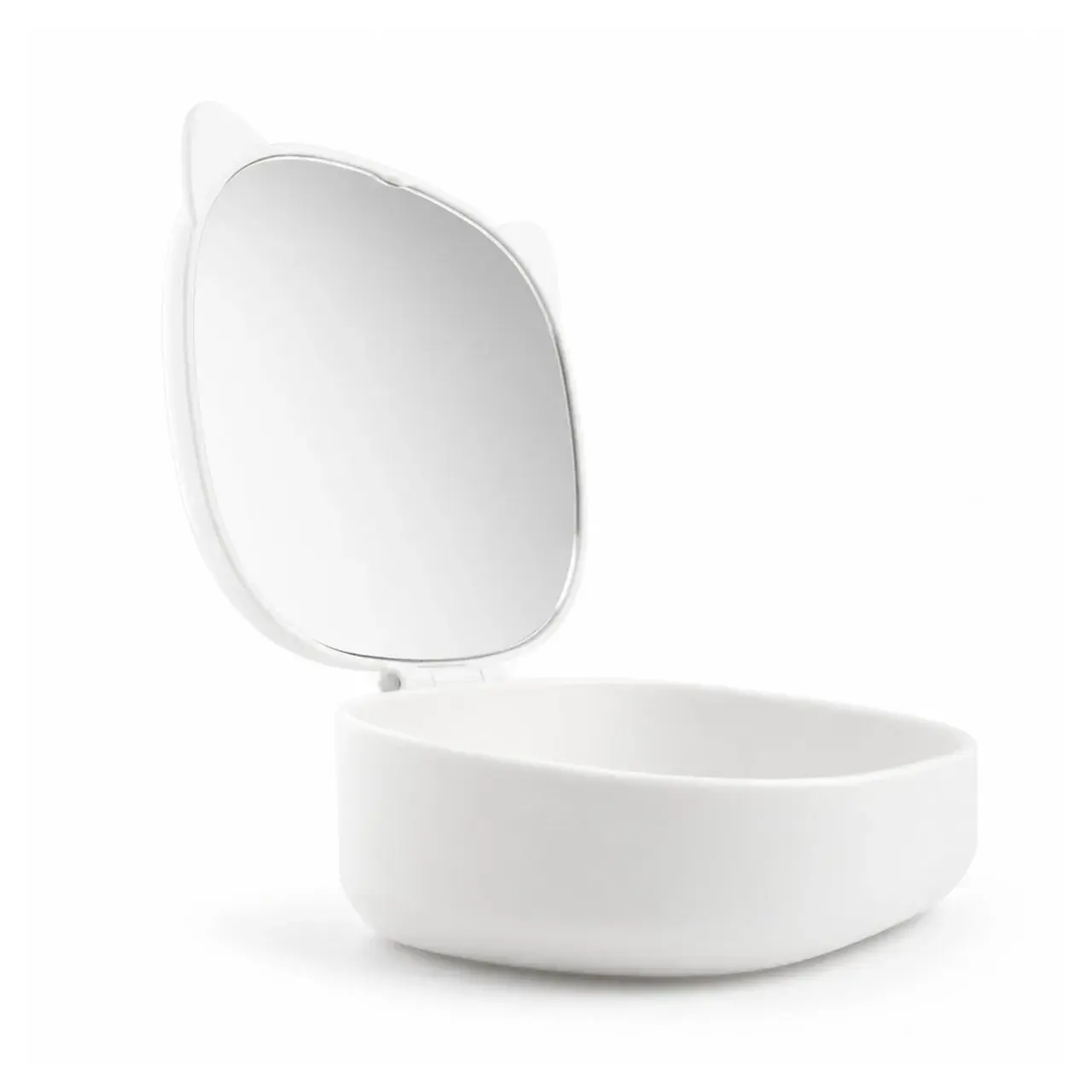 Cutie de Depozitare a Machiajelor si Accesoriilor cu Oglinda, Model Pisică, 4 Compartimente pentru Cosmetice și Accesorii, 17 x 13 x 6 cm, Alb (3)