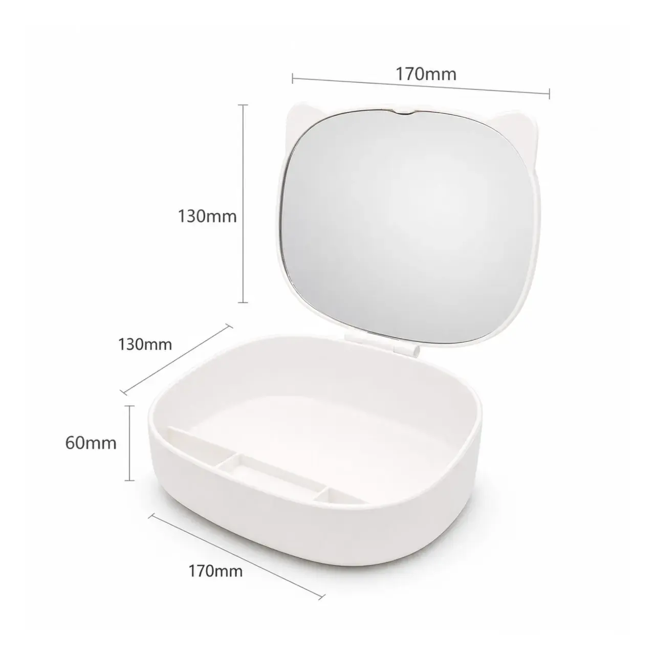 Cutie de Depozitare a Machiajelor si Accesoriilor cu Oglinda, Model Pisică, 4 Compartimente pentru Cosmetice și Accesorii, 17 x 13 x 6 cm, Alb (4)